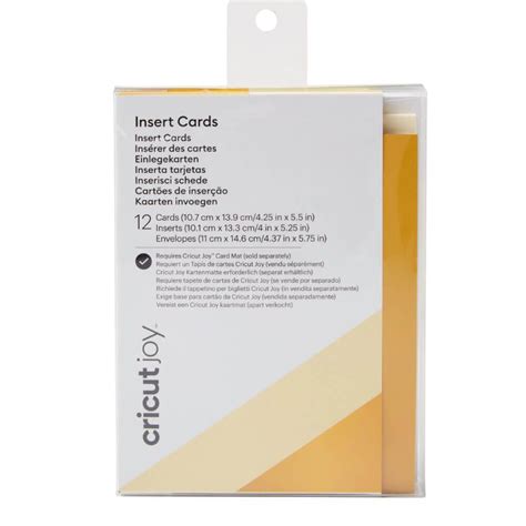 2008044 - Cricut Joy Insert Cards 12-Pack (Cream/Holo); 12 Cream cards, 12 Gunmetal inserts, 12 White envelopes; Dimensions: Cards 10.8 cm x 14 cm (4.25 in x 5.5 in), Inserts 10.2 cm x 13.3 cm (4 in x 5.25 in), Envelopes 11.1 cm x 14.6 cm (4.4 in x 5.75 in); Create vibrant two-tone greeting cards without the mess or hassle of glue; Easy to cut with specialized Cricut Joy™ Card Mat (sold separately); For Cricut Joy™